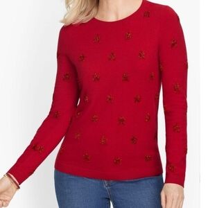 Talbots Vibrant Red Embellished Crew Neck Sweater